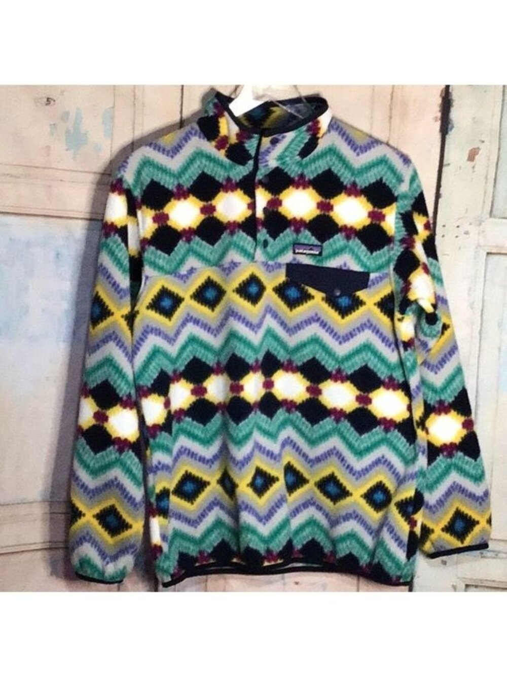 Patagonia Womans LG Synchilla Snap T Fleece Timber Twist Navy Green Yellow